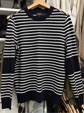 Theory Navy and White Striped Crewneck Sweater